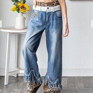 Oli & Hali- Leopard Washed Doubled Waist Frayed Hem Fringe Bottom Denim Jeans